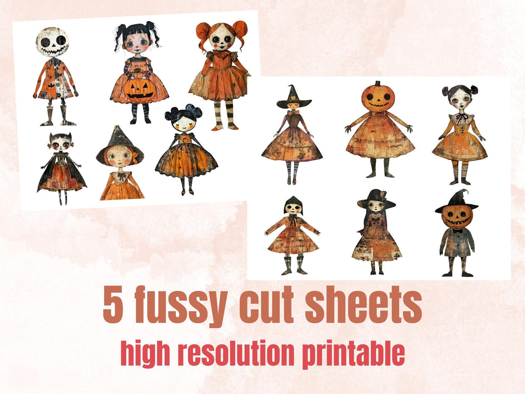 Halloween Doll Mixed Media Clipart, Whimsy Halloween Fussy Cut Collage Sheet, Quirky Cut Out Ephemera, PNG + JPG for Scrapbooking, Journal