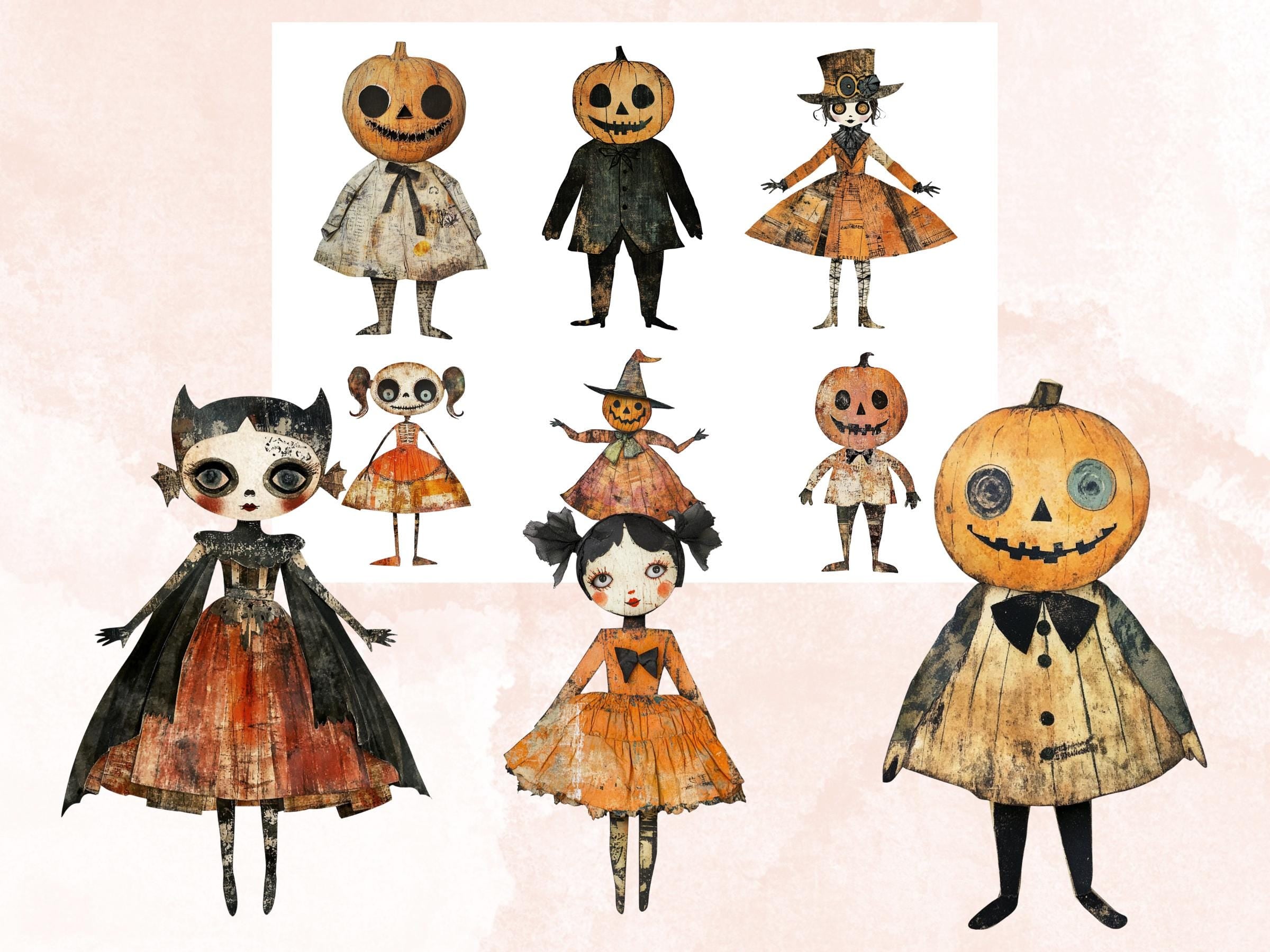 Halloween Doll Mixed Media Clipart, Whimsy Halloween Fussy Cut Collage Sheet, Quirky Cut Out Ephemera, PNG + JPG for Scrapbooking, Journal