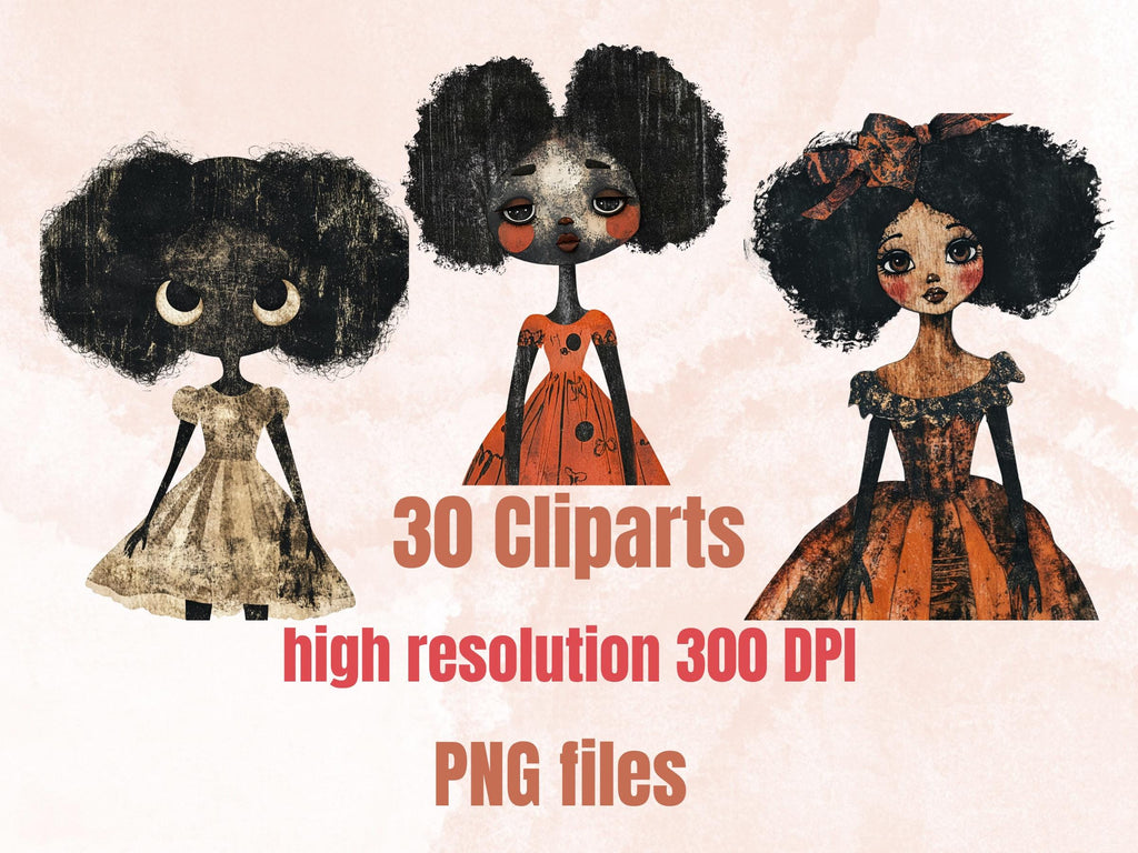 Halloween Afro Doll Mixed Media Clipart, Halloween Black Girl Fussy Cut Collage Sheet, Quirky Cut Out Ephemera, PNG + JPG for Scrapbooking