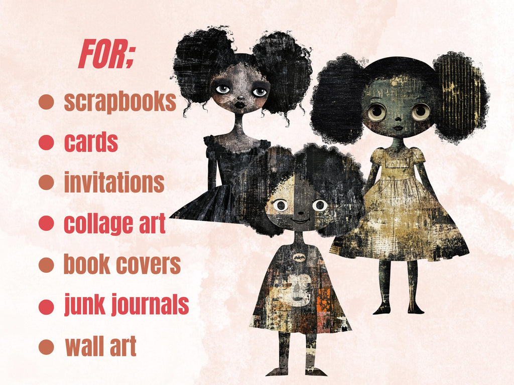 Halloween Afro Doll Mixed Media Clipart, Halloween Black Girl Fussy Cut Collage Sheet, Quirky Cut Out Ephemera, PNG + JPG for Scrapbooking