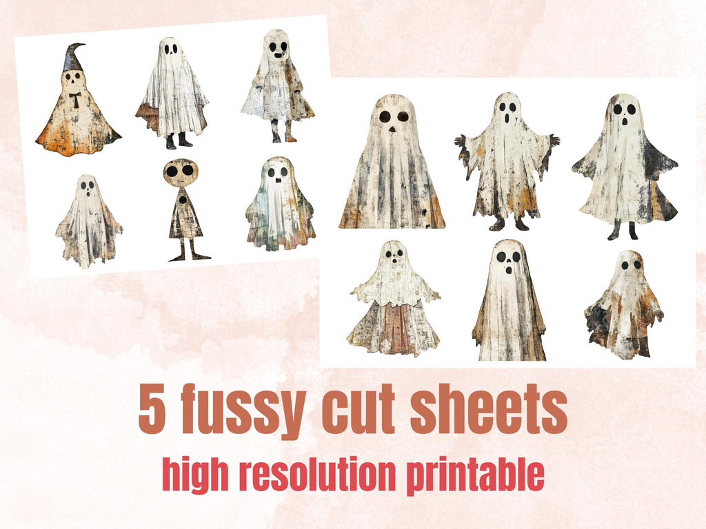 Halloween Ghost Mixed Media Clipart, Cute Spooky Ghost Fussy Cut Collage Sheet, Quirky Cut Out Ephemera, PNG + JPG for Scrapbooking, Journal