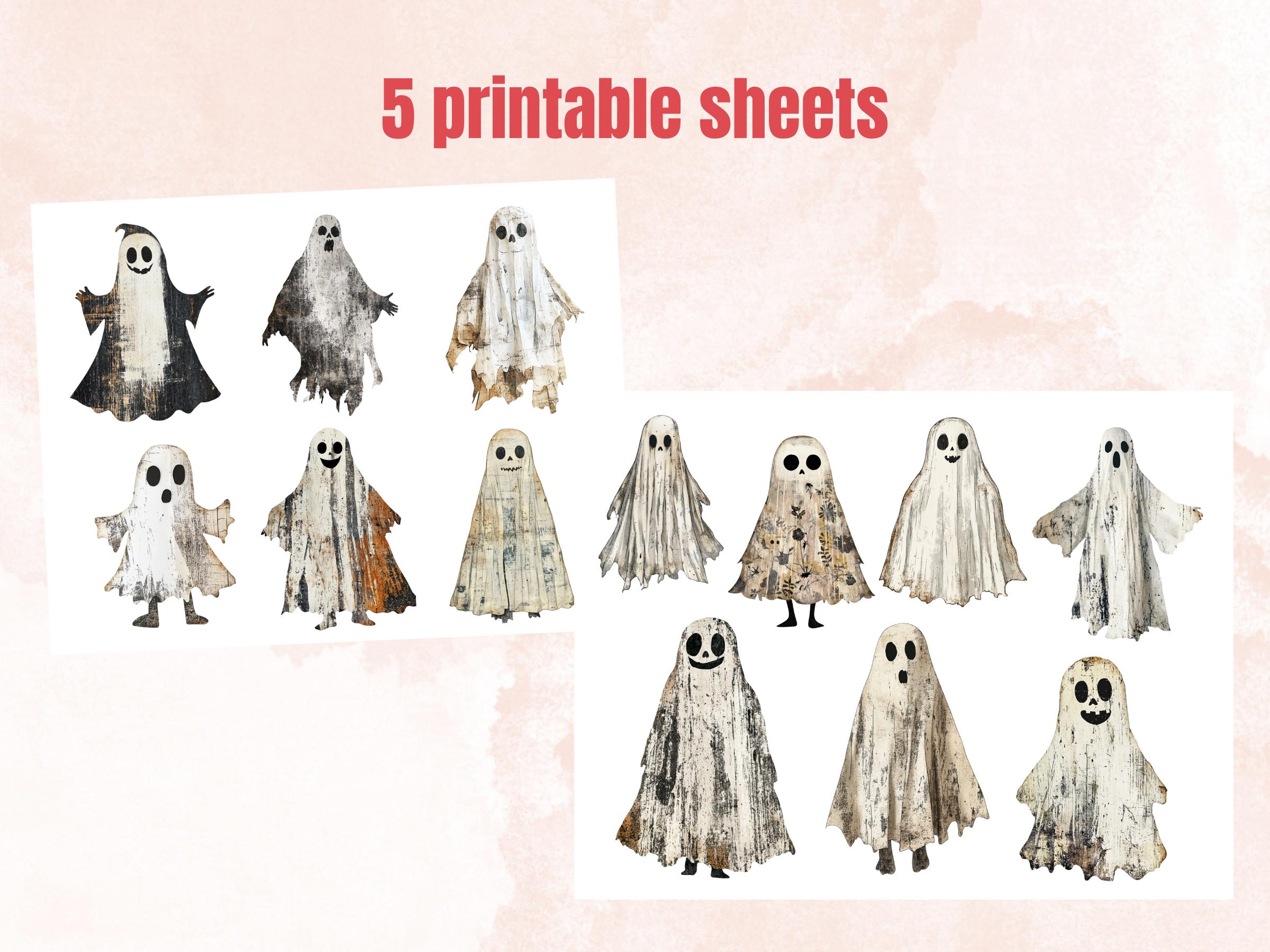 Halloween Ghost Mixed Media Clipart, Cute Spooky Ghost Fussy Cut Collage Sheet, Quirky Cut Out Ephemera, PNG + JPG for Scrapbooking, Journal