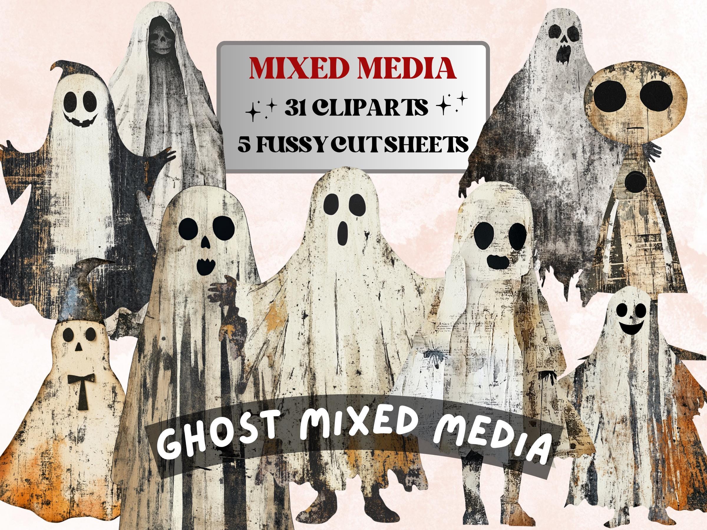Halloween Ghost Mixed Media Clipart, Cute Spooky Ghost Fussy Cut Collage Sheet, Quirky Cut Out Ephemera, PNG + JPG for Scrapbooking, Journal