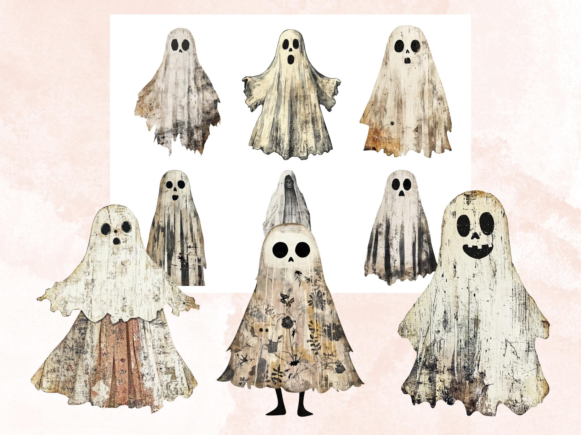 Halloween Ghost Mixed Media Clipart, Cute Spooky Ghost Fussy Cut Collage Sheet, Quirky Cut Out Ephemera, PNG + JPG for Scrapbooking, Journal