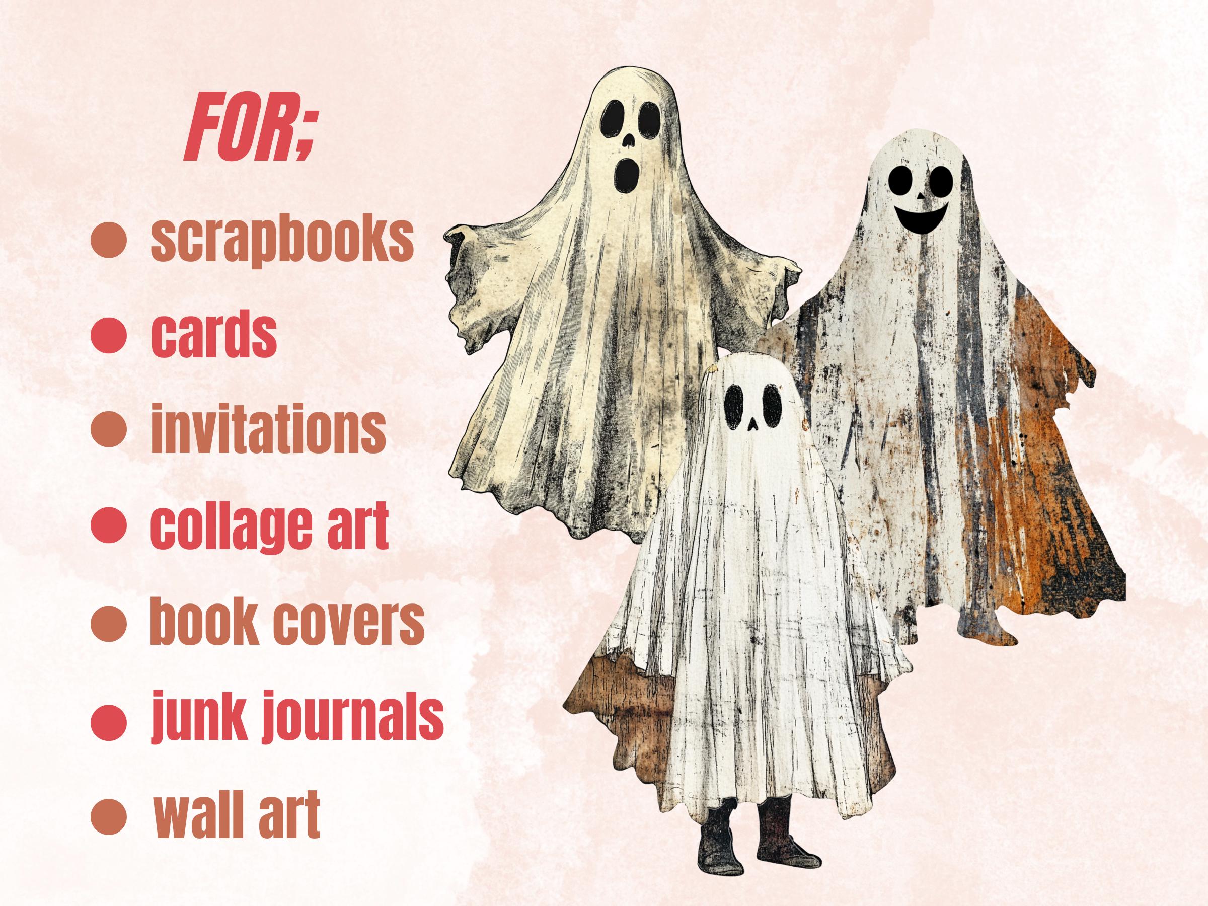 Halloween Ghost Mixed Media Clipart, Cute Spooky Ghost Fussy Cut Collage Sheet, Quirky Cut Out Ephemera, PNG + JPG for Scrapbooking, Journal
