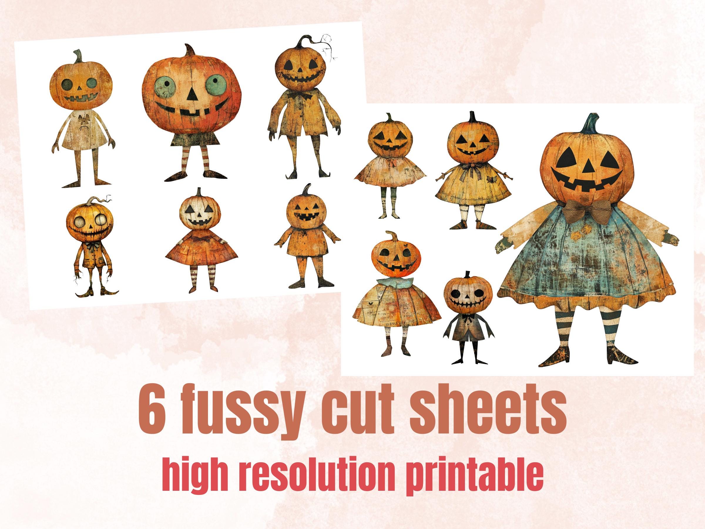 Halloween Pumpkin Doll Mixed Media Clipart, Whimsy Pumpkin Fussy Cut Collage Sheet, Quirky Cut Out Ephemera, PNG + JPG for Scrapbooking