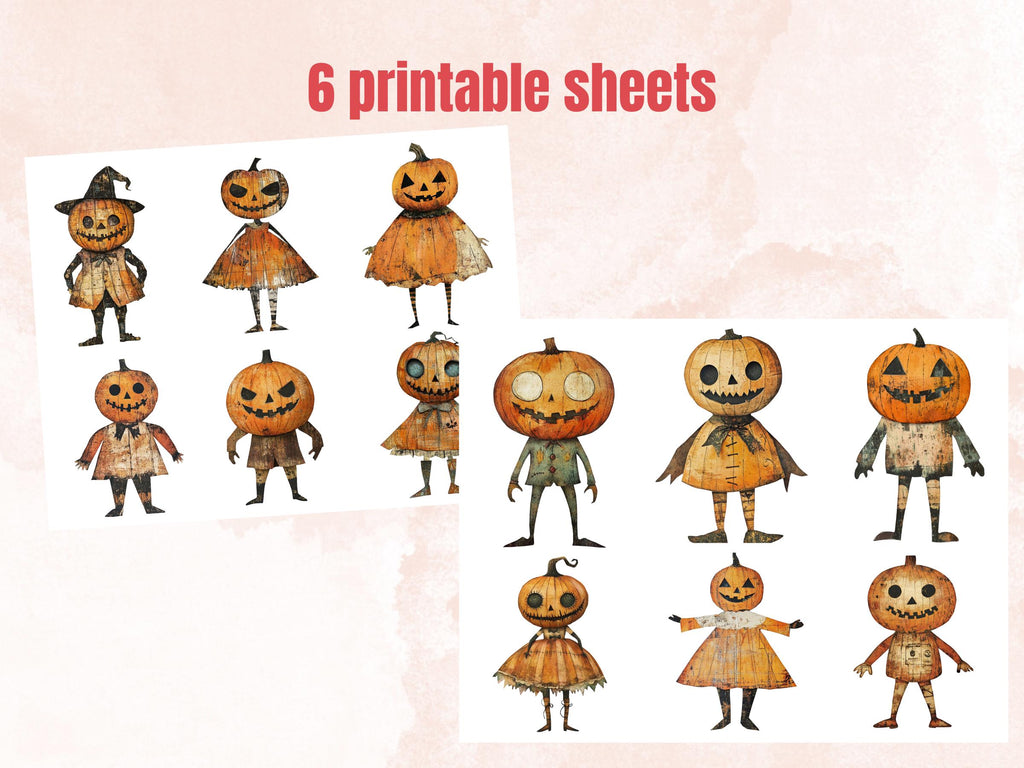 Halloween Pumpkin Doll Mixed Media Clipart, Whimsy Pumpkin Fussy Cut Collage Sheet, Quirky Cut Out Ephemera, PNG + JPG for Scrapbooking