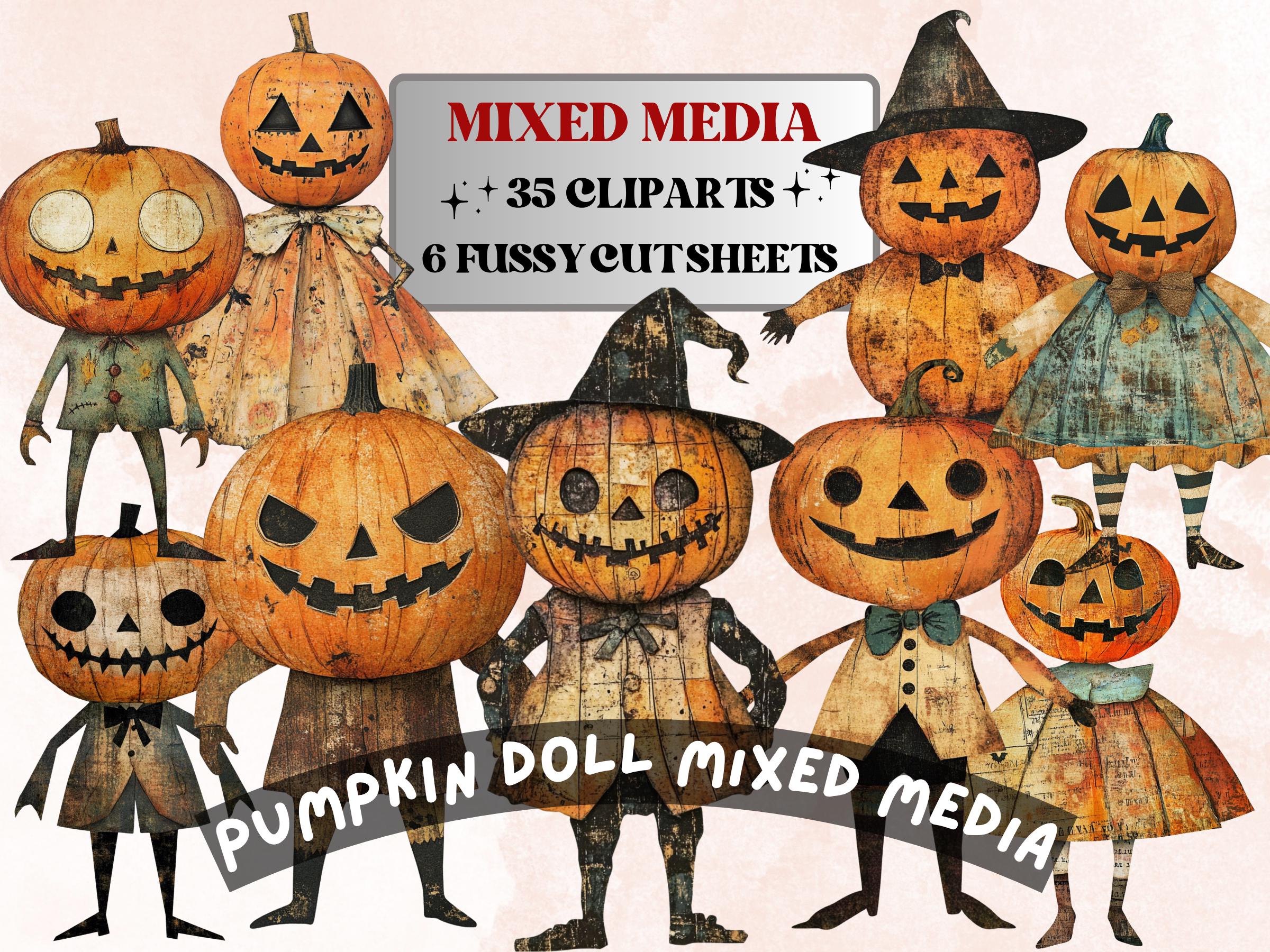Halloween Pumpkin Doll Mixed Media Clipart, Whimsy Pumpkin Fussy Cut Collage Sheet, Quirky Cut Out Ephemera, PNG + JPG for Scrapbooking