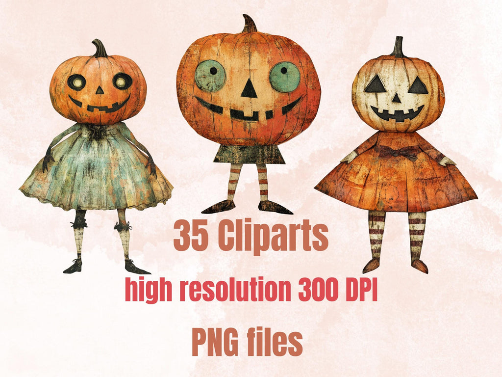 Halloween Pumpkin Doll Mixed Media Clipart, Whimsy Pumpkin Fussy Cut Collage Sheet, Quirky Cut Out Ephemera, PNG + JPG for Scrapbooking