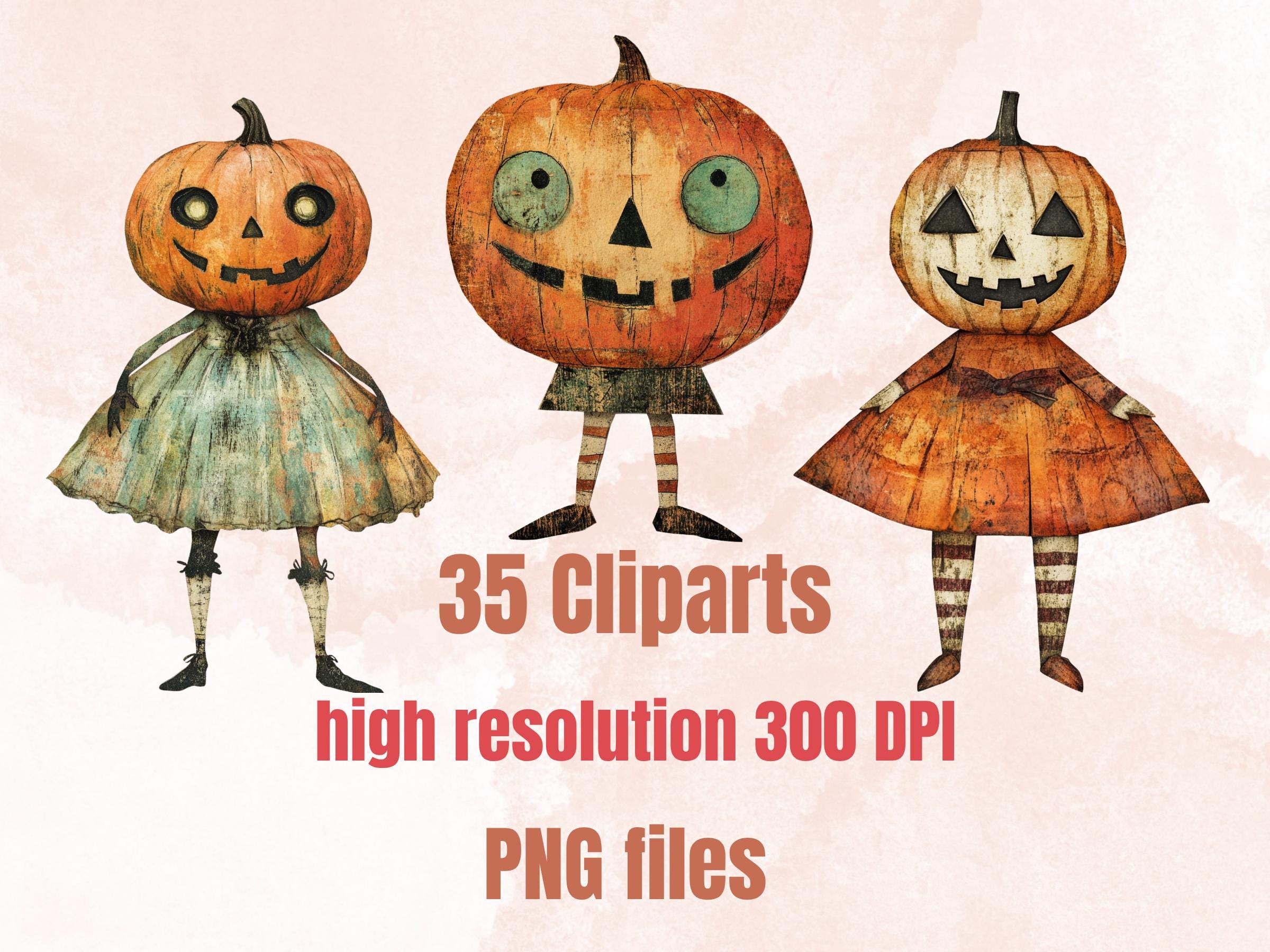Halloween Pumpkin Doll Mixed Media Clipart, Whimsy Pumpkin Fussy Cut Collage Sheet, Quirky Cut Out Ephemera, PNG + JPG for Scrapbooking