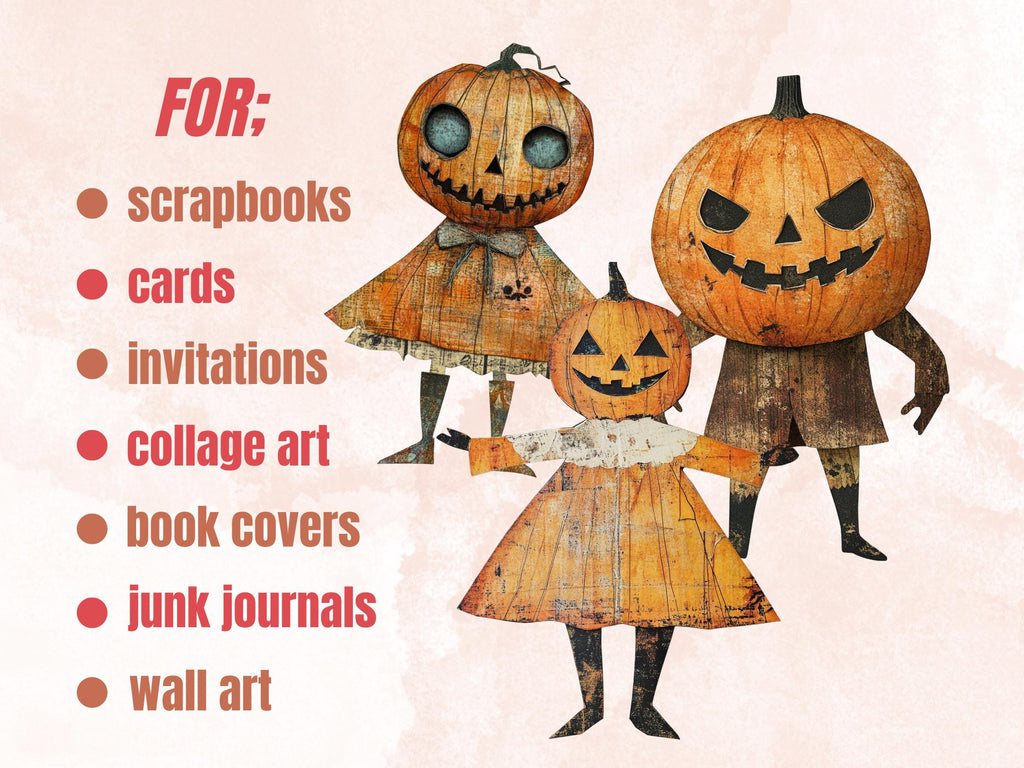 Halloween Pumpkin Doll Mixed Media Clipart, Whimsy Pumpkin Fussy Cut Collage Sheet, Quirky Cut Out Ephemera, PNG + JPG for Scrapbooking