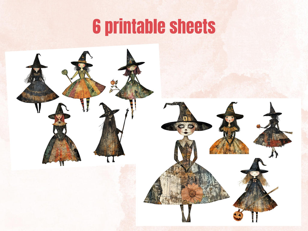 Halloween Witch Doll Mixed Media Clipart, Whimsy Witchcraft Fussy Cut Collage Sheet, Quirky Cut Out Ephemera, PNG + JPG for Scrapbooking