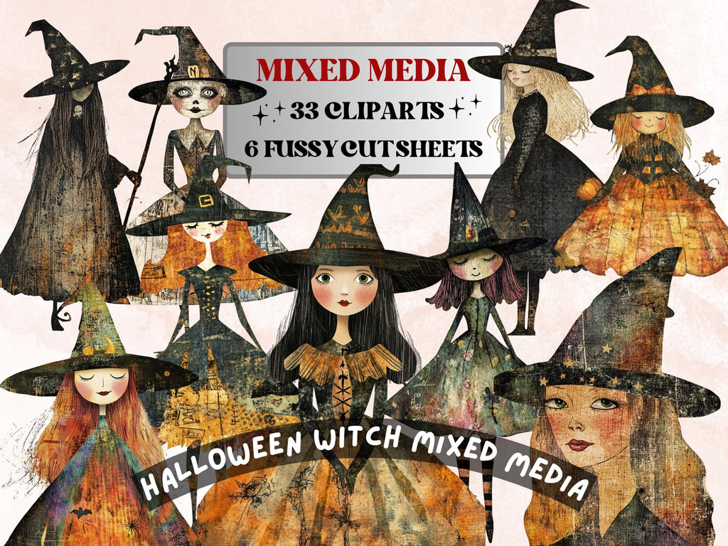 Halloween Witch Doll Mixed Media Clipart, Whimsy Witchcraft Fussy Cut Collage Sheet, Quirky Cut Out Ephemera, PNG + JPG for Scrapbooking