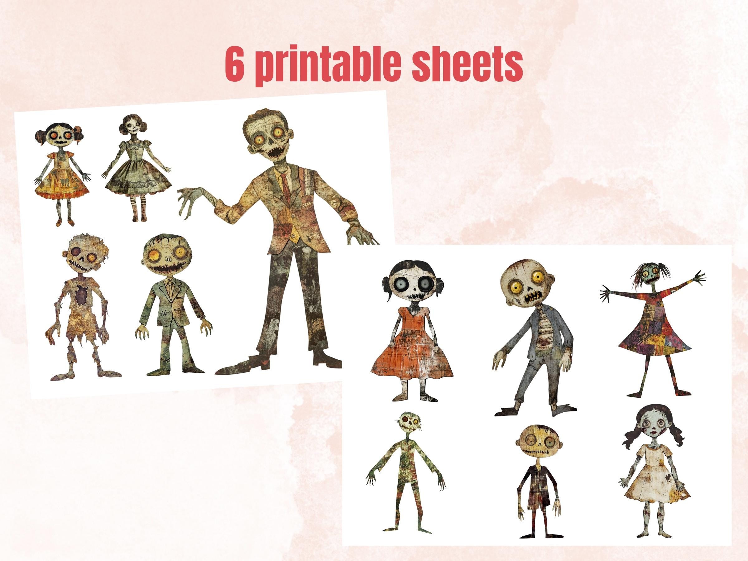Halloween Zombie Doll Mixed Media Clipart, Spooky Zombie Fussy Cut Collage Sheet, Quirky Cut Out Ephemera, PNG + JPG for Scrapbooking