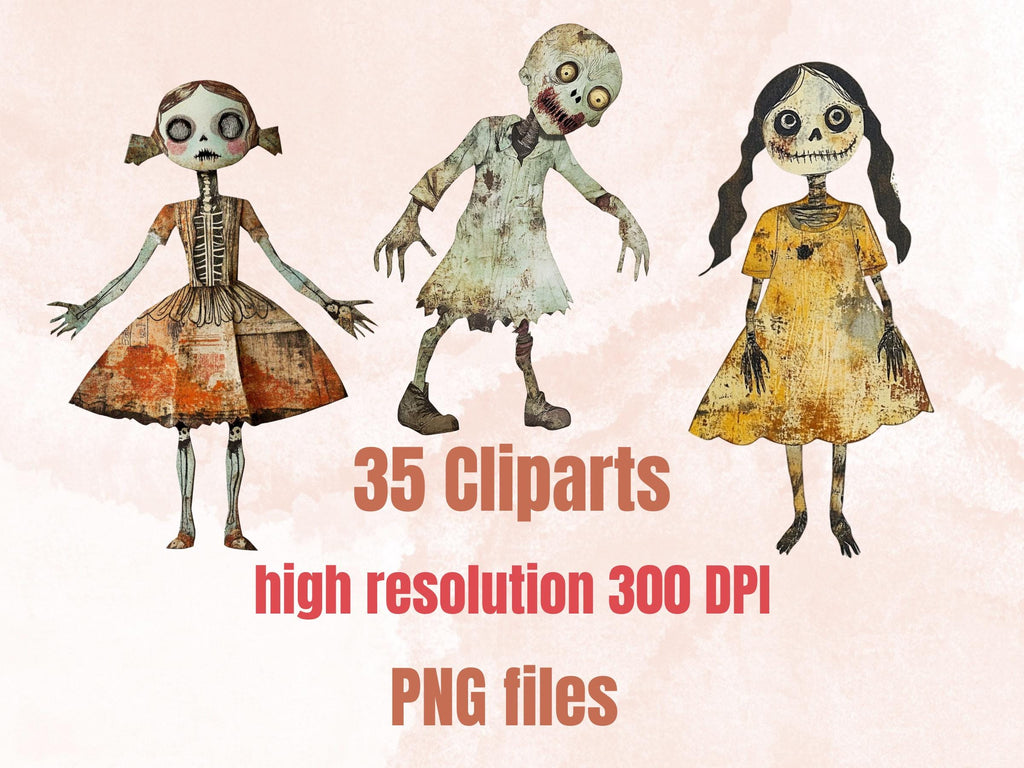 Halloween Zombie Doll Mixed Media Clipart, Spooky Zombie Fussy Cut Collage Sheet, Quirky Cut Out Ephemera, PNG + JPG for Scrapbooking
