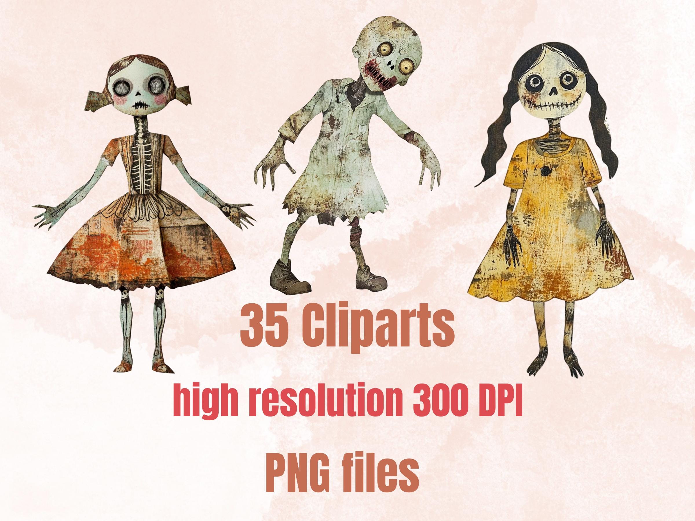 Halloween Zombie Doll Mixed Media Clipart, Spooky Zombie Fussy Cut Collage Sheet, Quirky Cut Out Ephemera, PNG + JPG for Scrapbooking