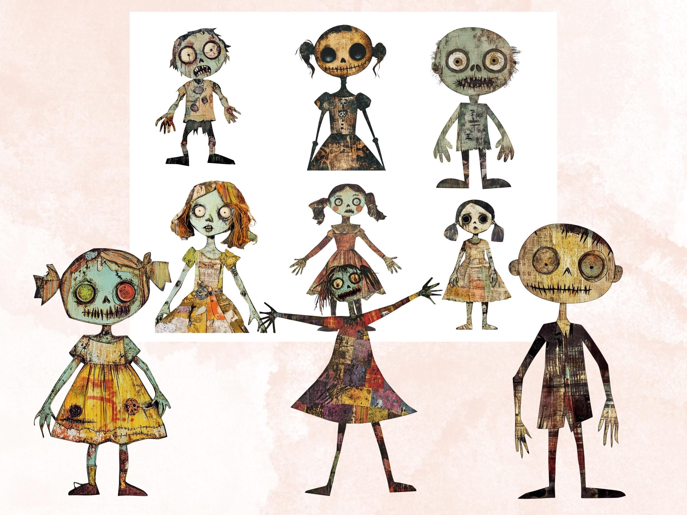Halloween Zombie Doll Mixed Media Clipart, Spooky Zombie Fussy Cut Collage Sheet, Quirky Cut Out Ephemera, PNG + JPG for Scrapbooking