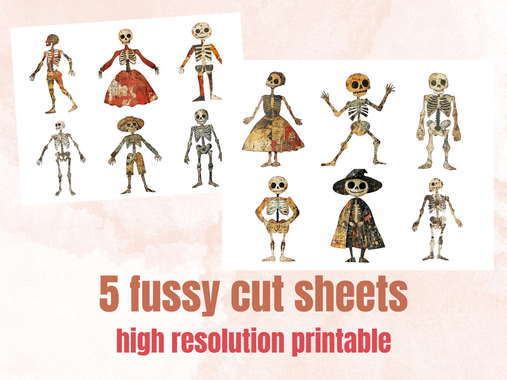 Halloween Skeleton Mixed Media Clipart, Spooky Skeleton Doll Fussy Cut Collage Sheet, Quirky Cut Out Ephemera, PNG + JPG for Scrapbooking
