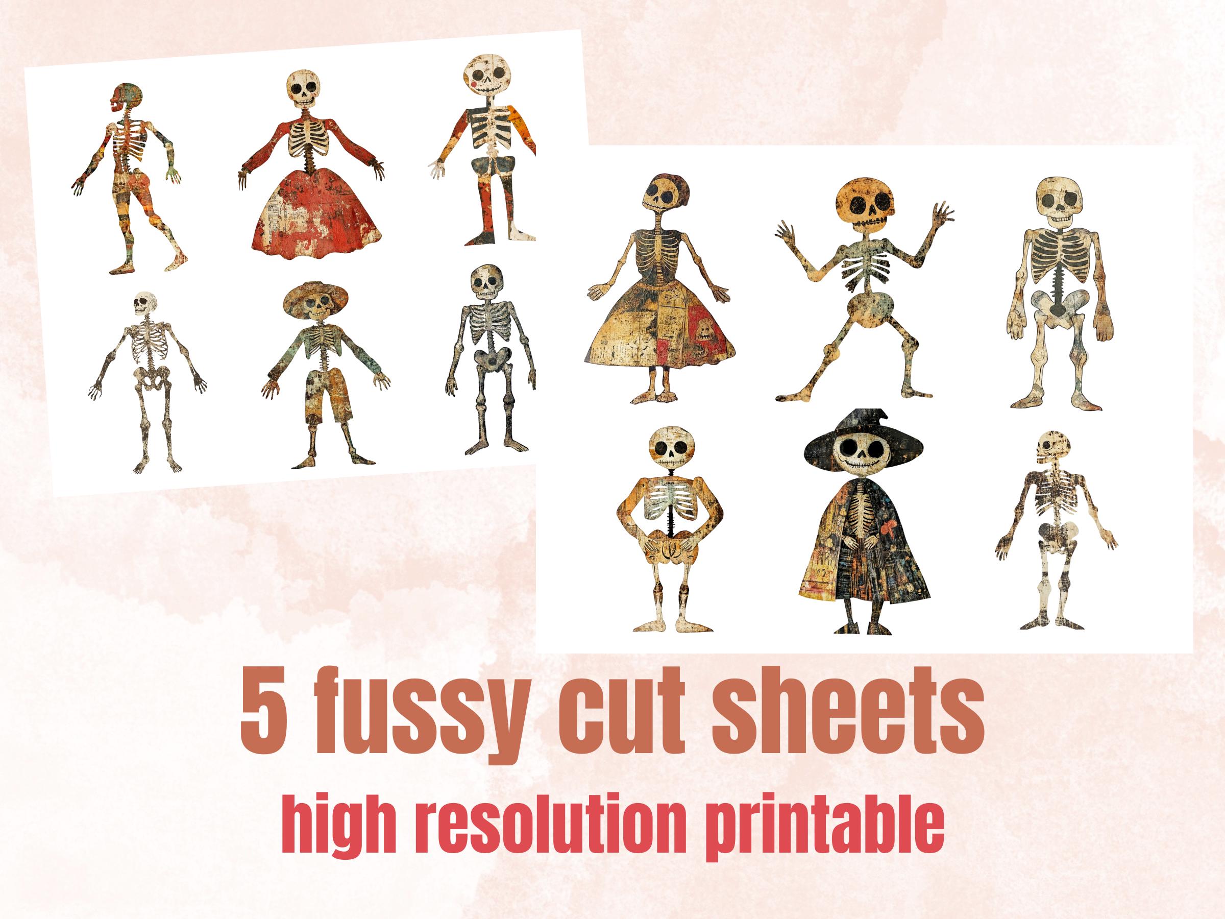 Halloween Skeleton Mixed Media Clipart, Spooky Skeleton Doll Fussy Cut Collage Sheet, Quirky Cut Out Ephemera, PNG + JPG for Scrapbooking