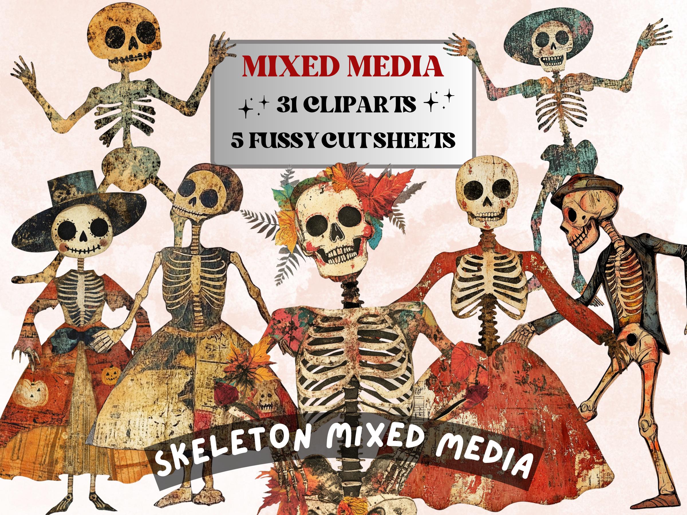 Halloween Skeleton Mixed Media Clipart, Spooky Skeleton Doll Fussy Cut Collage Sheet, Quirky Cut Out Ephemera, PNG + JPG for Scrapbooking