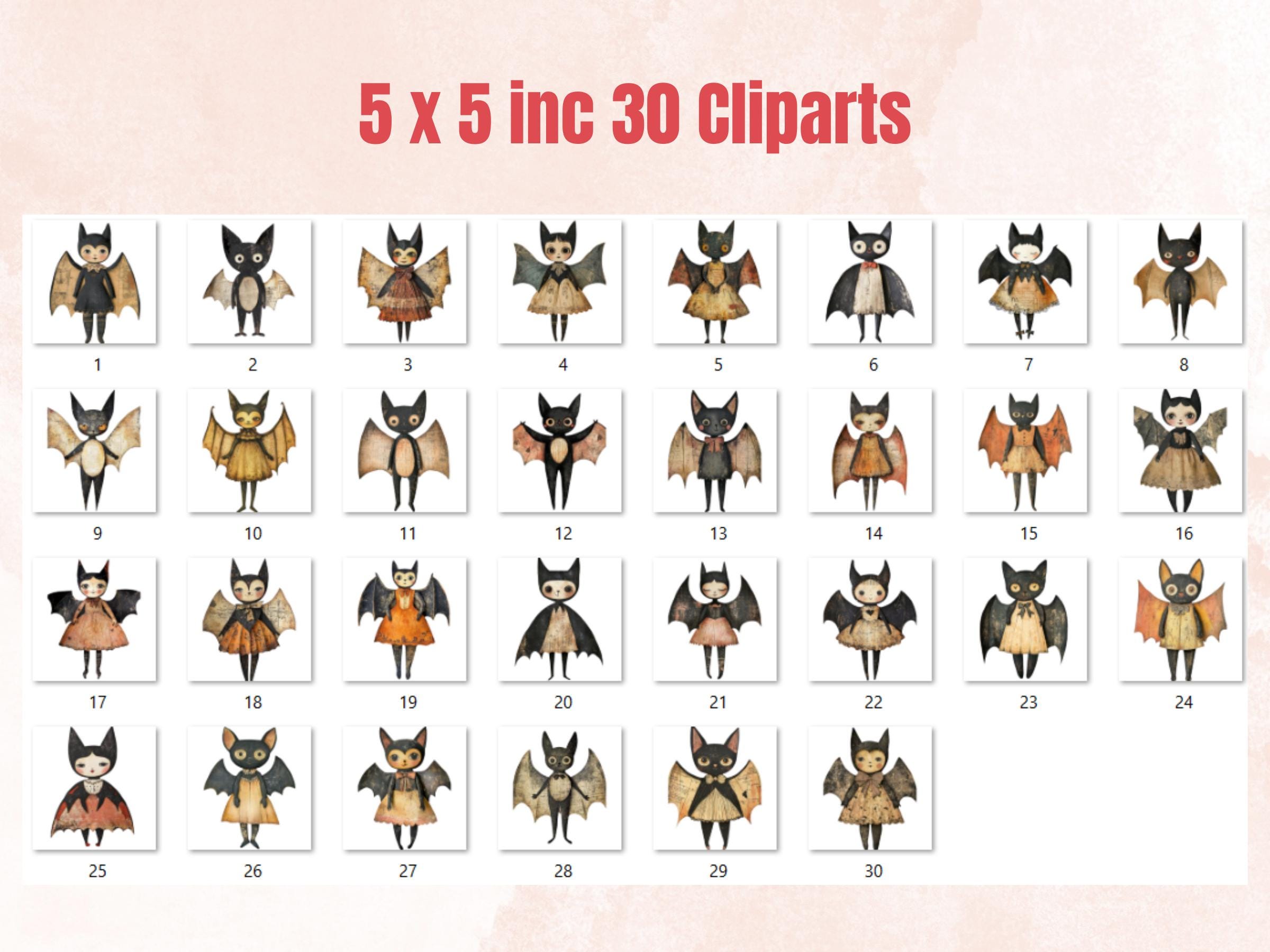 Halloween Bat Paper Doll Mixed Media Clipart, Whimsical Bat Fussy Cut Collage Sheet, Quirky Cut Out Ephemera, PNG + JPG for Scrapbooking