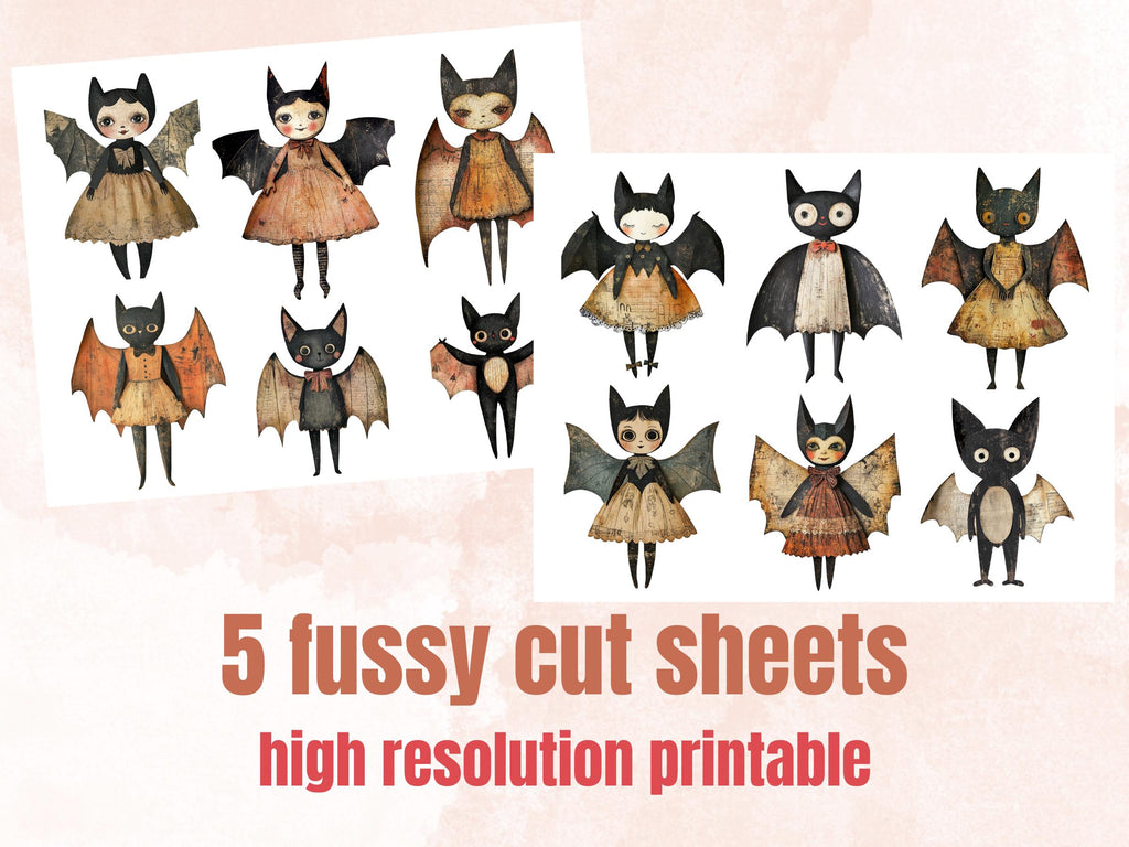 Halloween Bat Paper Doll Mixed Media Clipart, Whimsical Bat Fussy Cut Collage Sheet, Quirky Cut Out Ephemera, PNG + JPG for Scrapbooking