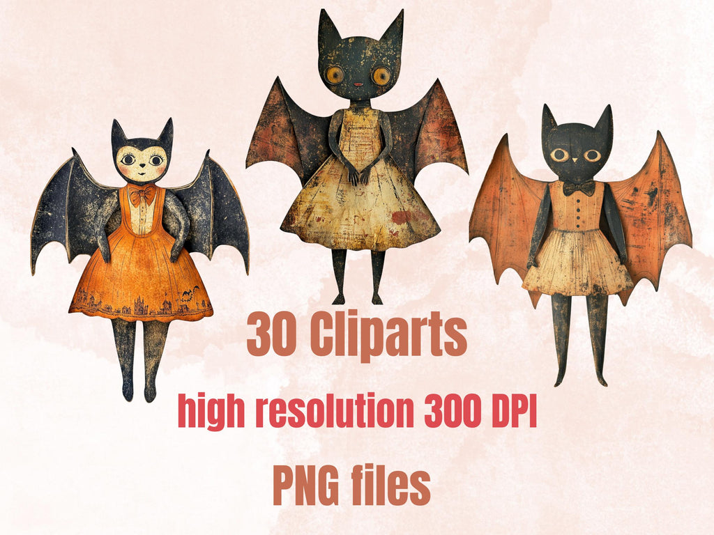 Halloween Bat Paper Doll Mixed Media Clipart, Whimsical Bat Fussy Cut Collage Sheet, Quirky Cut Out Ephemera, PNG + JPG for Scrapbooking