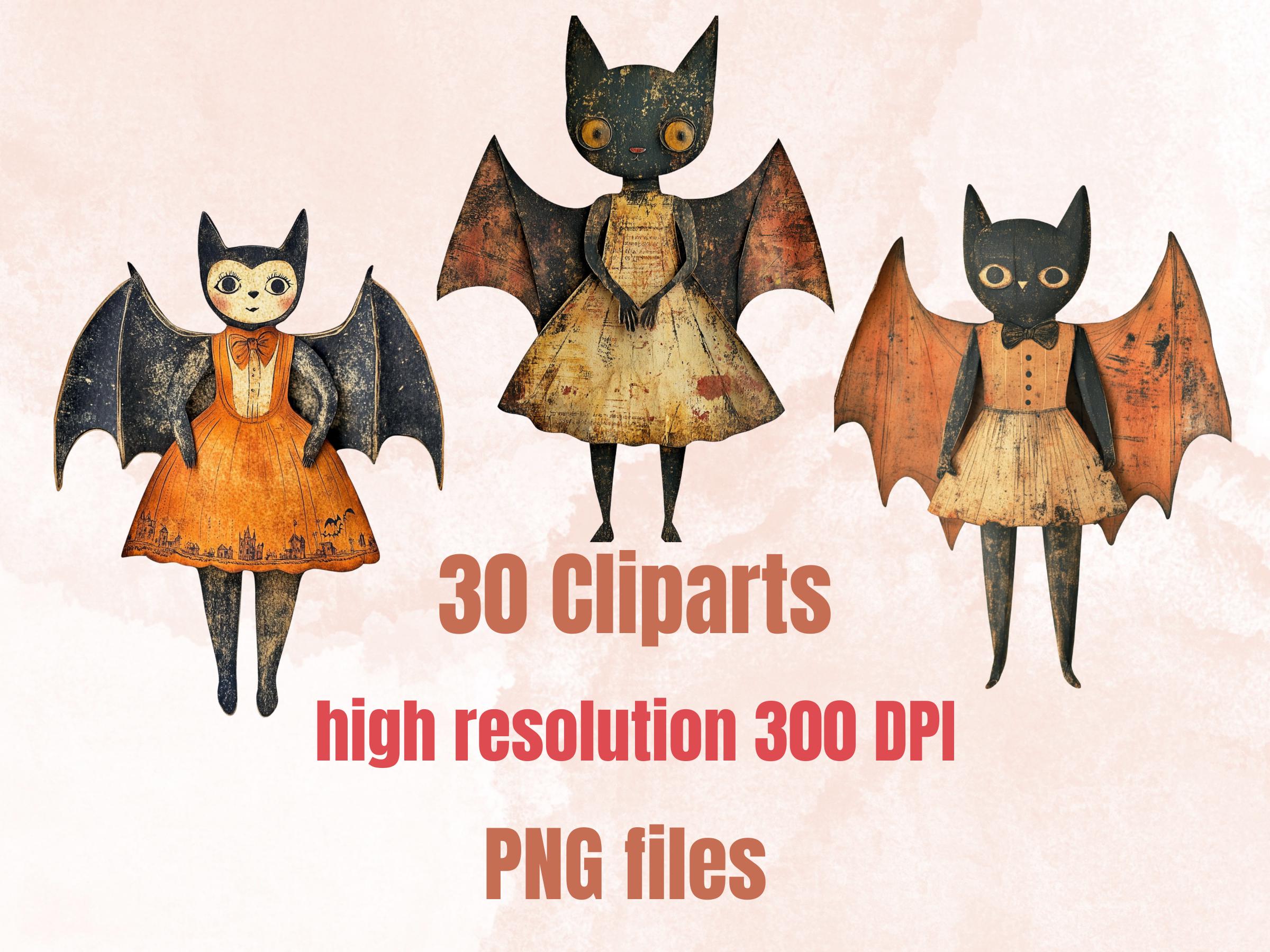 Halloween Bat Paper Doll Mixed Media Clipart, Whimsical Bat Fussy Cut Collage Sheet, Quirky Cut Out Ephemera, PNG + JPG for Scrapbooking