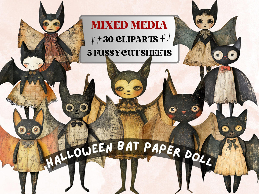 Halloween Bat Paper Doll Mixed Media Clipart, Whimsical Bat Fussy Cut Collage Sheet, Quirky Cut Out Ephemera, PNG + JPG for Scrapbooking