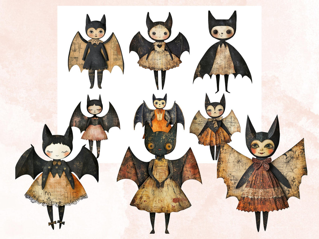 Halloween Bat Paper Doll Mixed Media Clipart, Whimsical Bat Fussy Cut Collage Sheet, Quirky Cut Out Ephemera, PNG + JPG for Scrapbooking