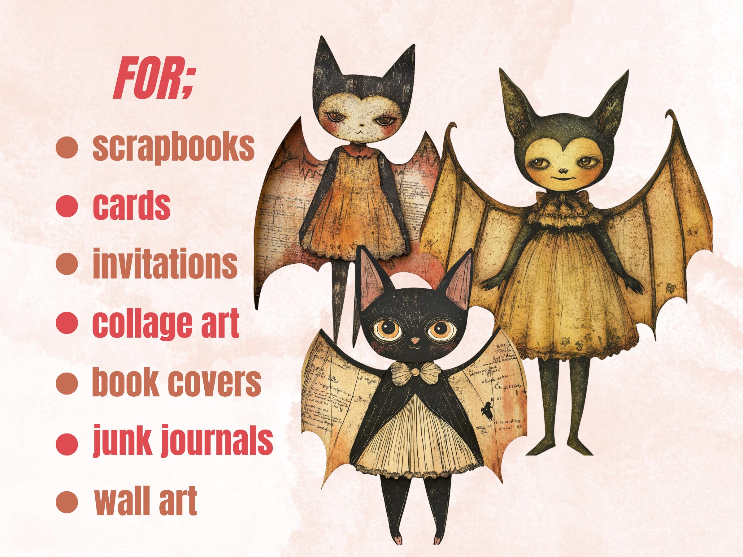 Halloween Bat Paper Doll Mixed Media Clipart, Whimsical Bat Fussy Cut Collage Sheet, Quirky Cut Out Ephemera, PNG + JPG for Scrapbooking