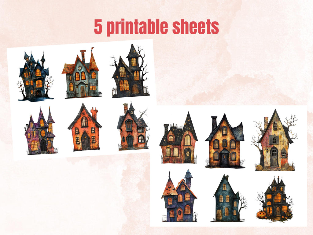 Halloween House Mixed Media Clipart, Spooky Haunted Mansion Fussy Cut Collage Sheet, Quirky Cut Out Ephemera, PNG + JPG for Scrapbooking
