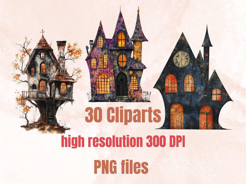 Halloween House Mixed Media Clipart, Spooky Haunted Mansion Fussy Cut Collage Sheet, Quirky Cut Out Ephemera, PNG + JPG for Scrapbooking