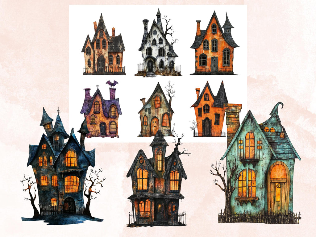 Halloween House Mixed Media Clipart, Spooky Haunted Mansion Fussy Cut Collage Sheet, Quirky Cut Out Ephemera, PNG + JPG for Scrapbooking