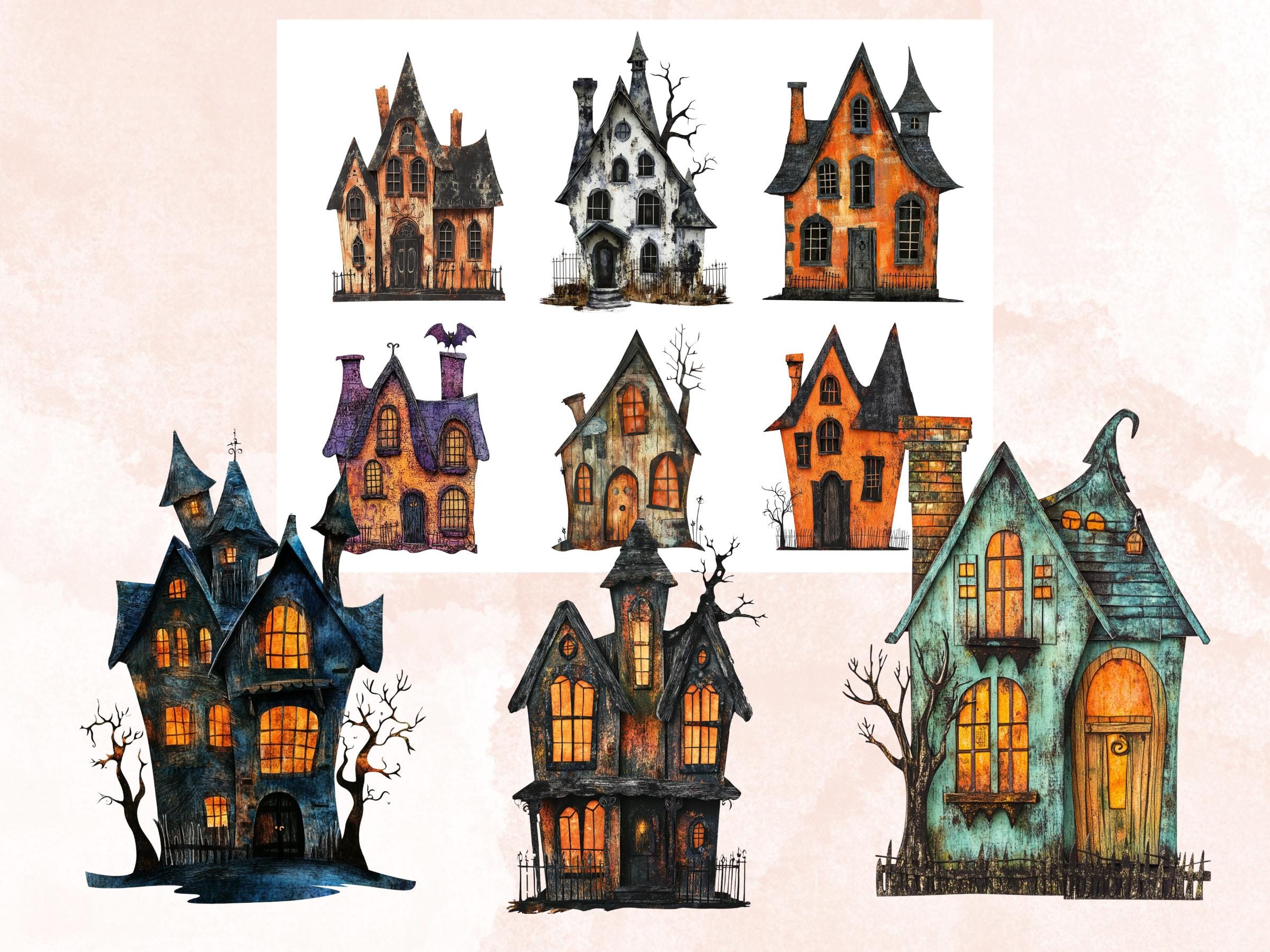 Halloween House Mixed Media Clipart, Spooky Haunted Mansion Fussy Cut Collage Sheet, Quirky Cut Out Ephemera, PNG + JPG for Scrapbooking
