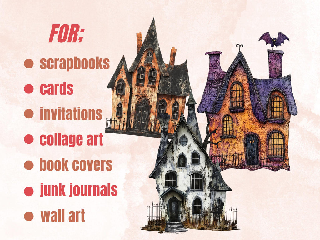Halloween House Mixed Media Clipart, Spooky Haunted Mansion Fussy Cut Collage Sheet, Quirky Cut Out Ephemera, PNG + JPG for Scrapbooking