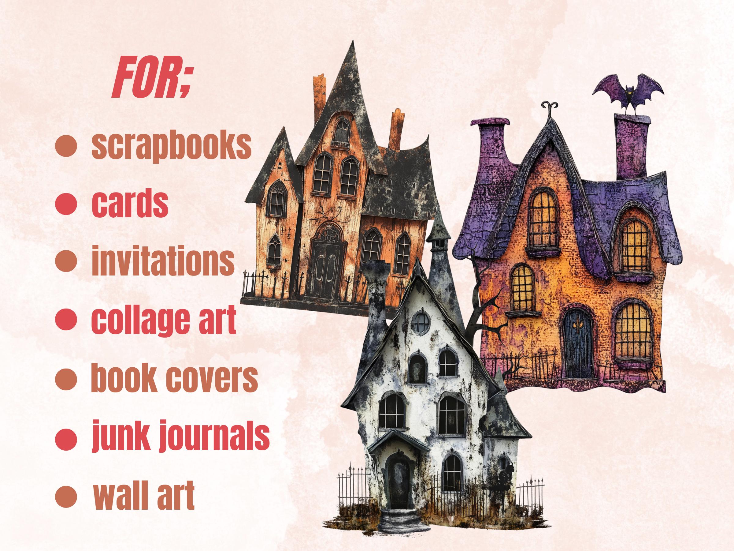 Halloween House Mixed Media Clipart, Spooky Haunted Mansion Fussy Cut Collage Sheet, Quirky Cut Out Ephemera, PNG + JPG for Scrapbooking