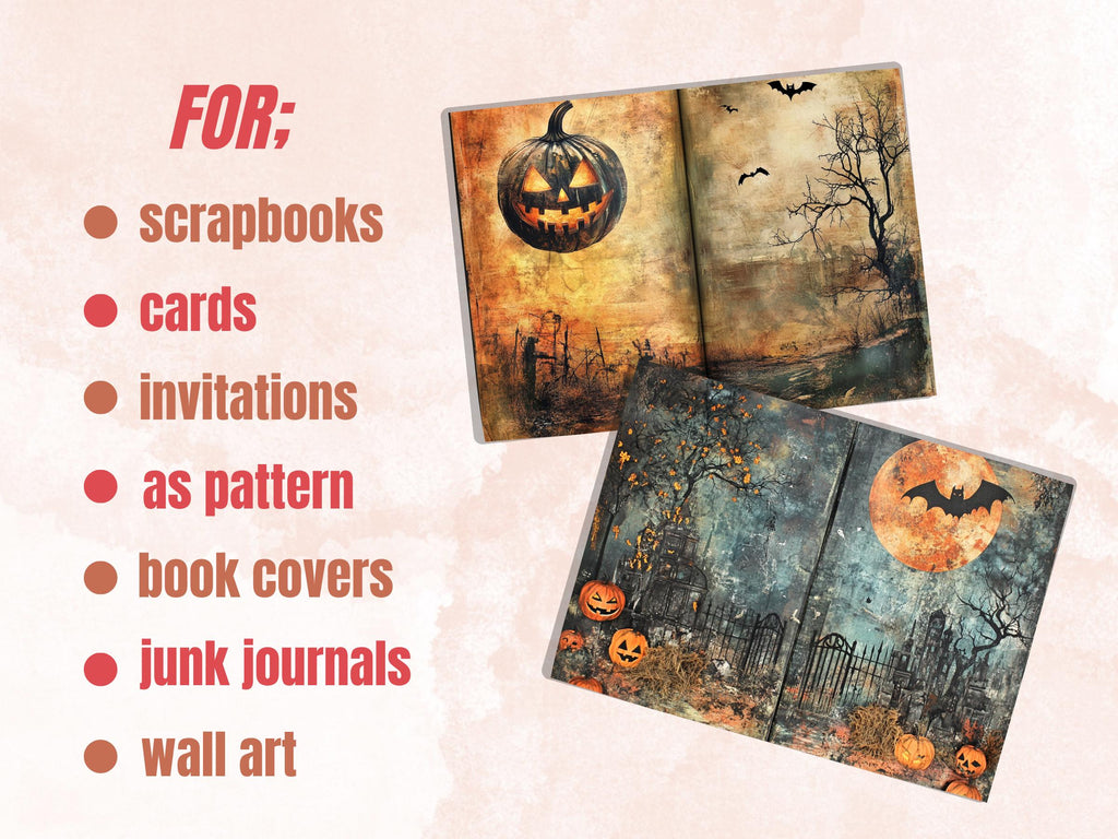Whimsical Halloween Mixed Media Paper, Creepy Double Pages Ephemera Kit, Halloween Collage Scrapbook Paper, Printable Horizontal Pages