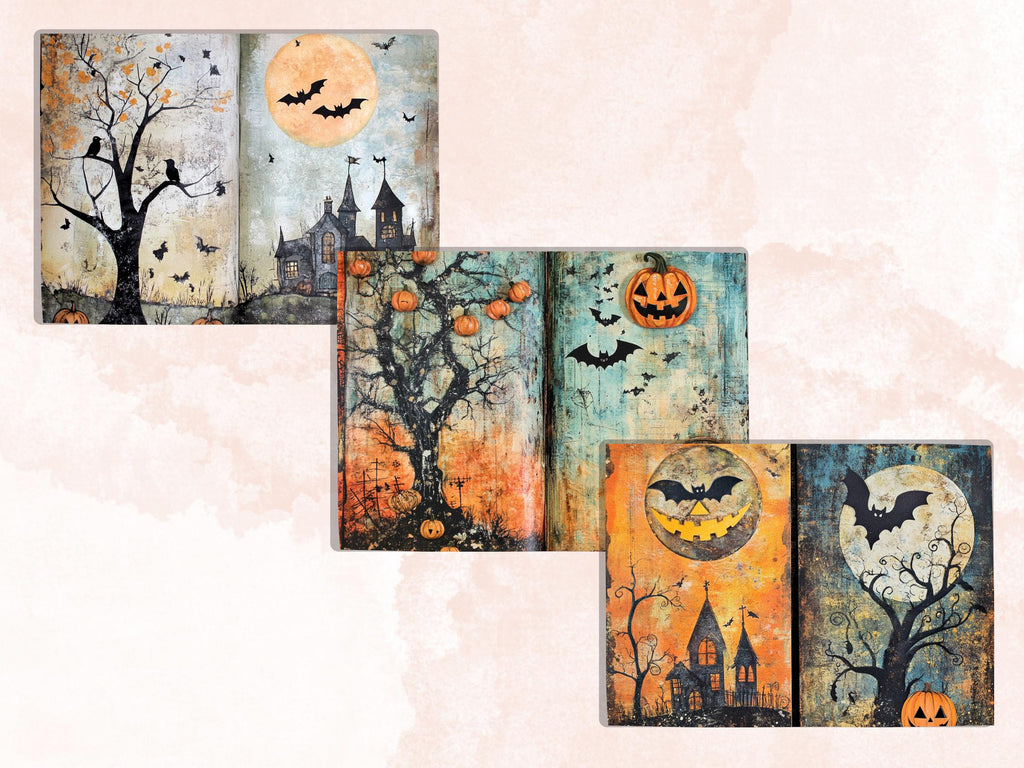 Whimsical Halloween Mixed Media Paper, Creepy Double Pages Ephemera Kit, Halloween Collage Scrapbook Paper, Printable Horizontal Pages
