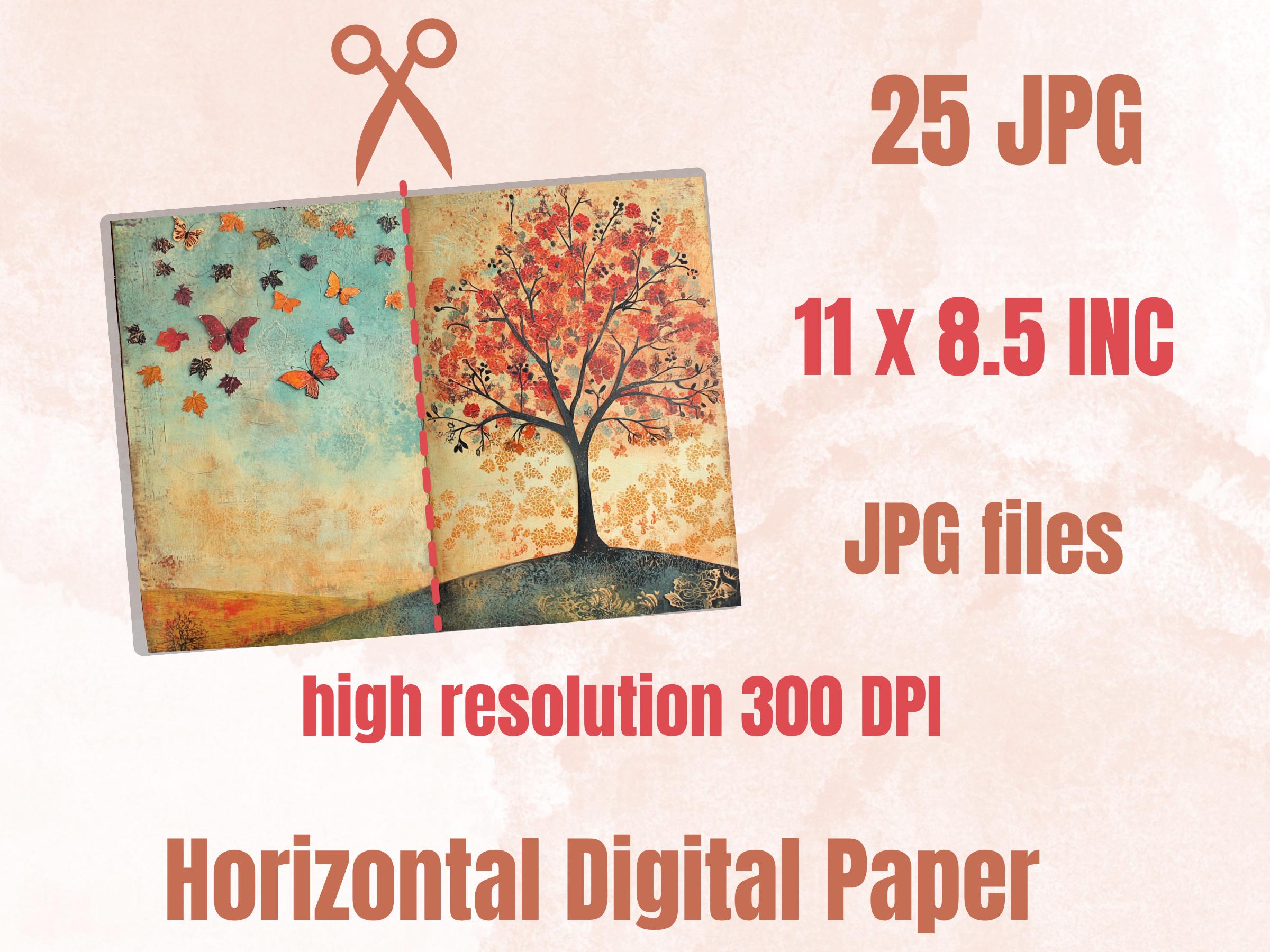 Whimsical Fall Mixed Media Paper, Autumn Forest Pages Ephemera Kit, Fantasy Fall Collage Scrapbook Paper, Printable Autumn Horizontal Pages