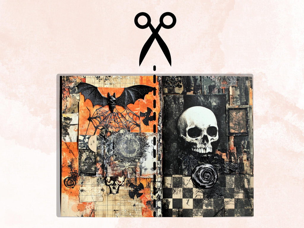 Halloween Patchwork Mixed Media Paper, Whimsical Double Pages Ephemera Kit, Halloween Collage Scrapbook Paper, Printable Horizontal Pages
