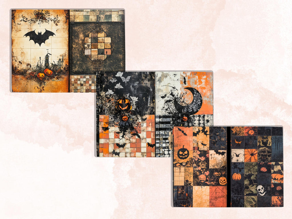 Halloween Patchwork Mixed Media Paper, Whimsical Double Pages Ephemera Kit, Halloween Collage Scrapbook Paper, Printable Horizontal Pages