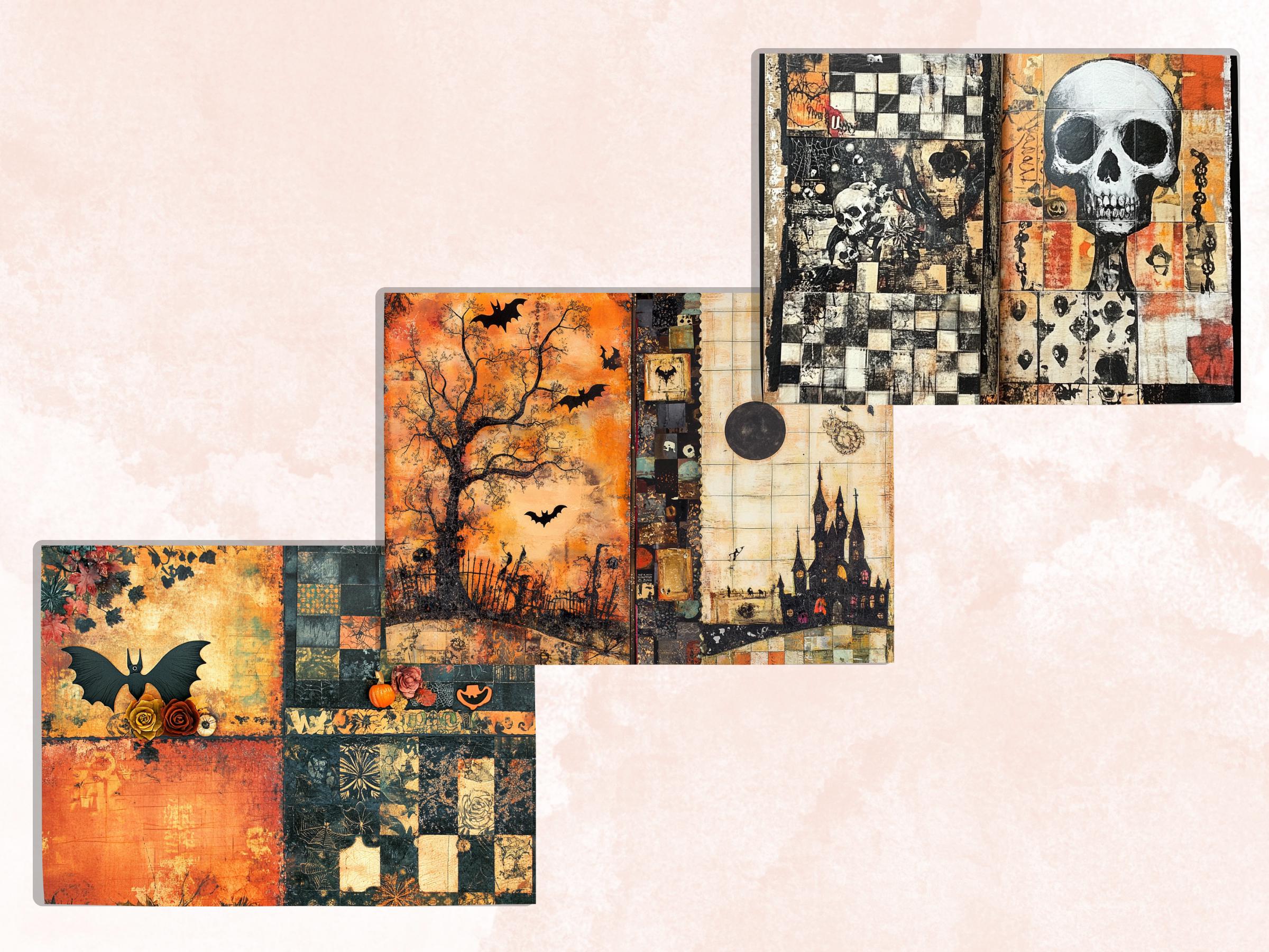 Halloween Patchwork Mixed Media Paper, Whimsical Double Pages Ephemera Kit, Halloween Collage Scrapbook Paper, Printable Horizontal Pages