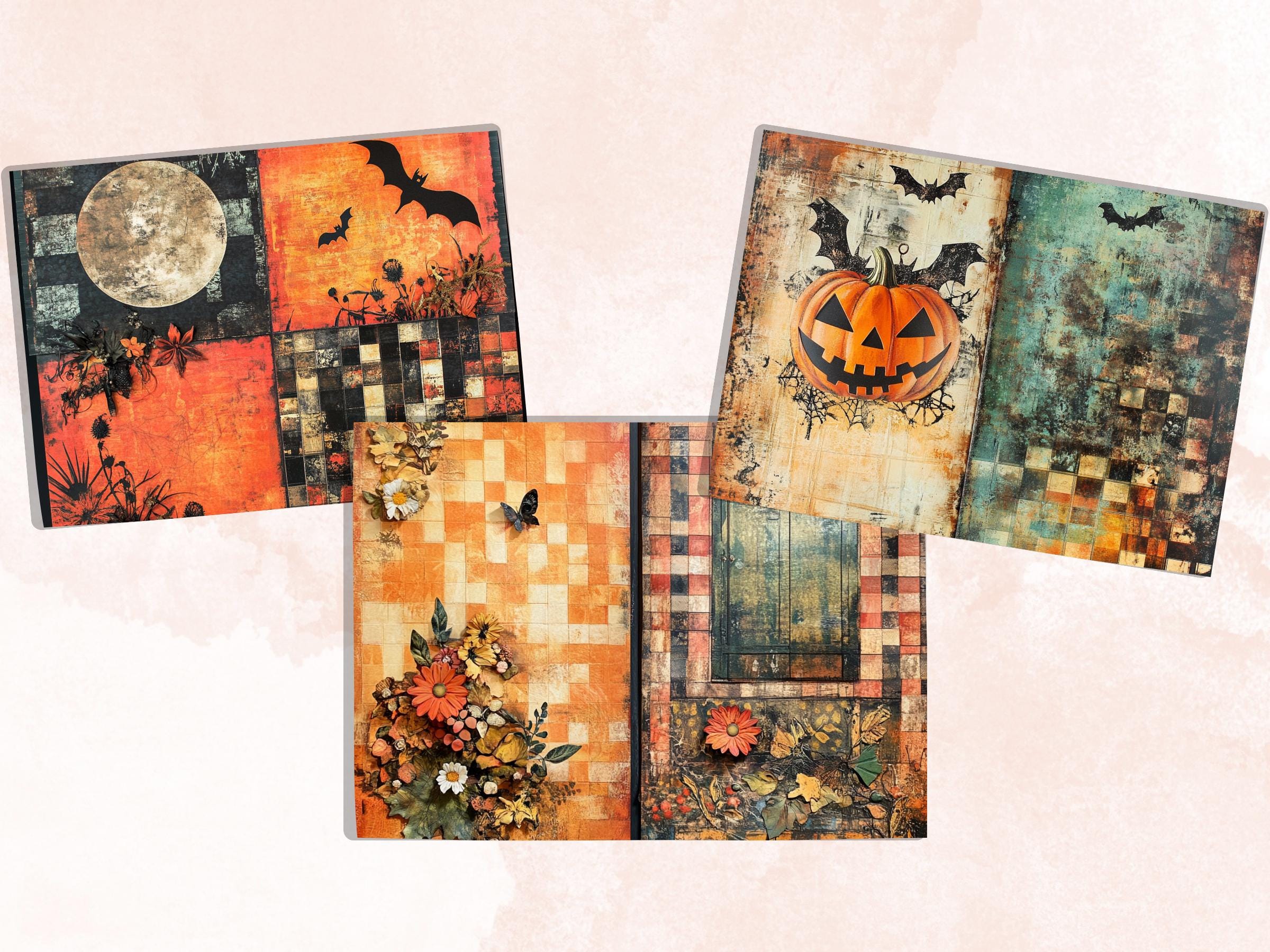 Halloween Patchwork Mixed Media Paper, Whimsical Double Pages Ephemera Kit, Halloween Collage Scrapbook Paper, Printable Horizontal Pages