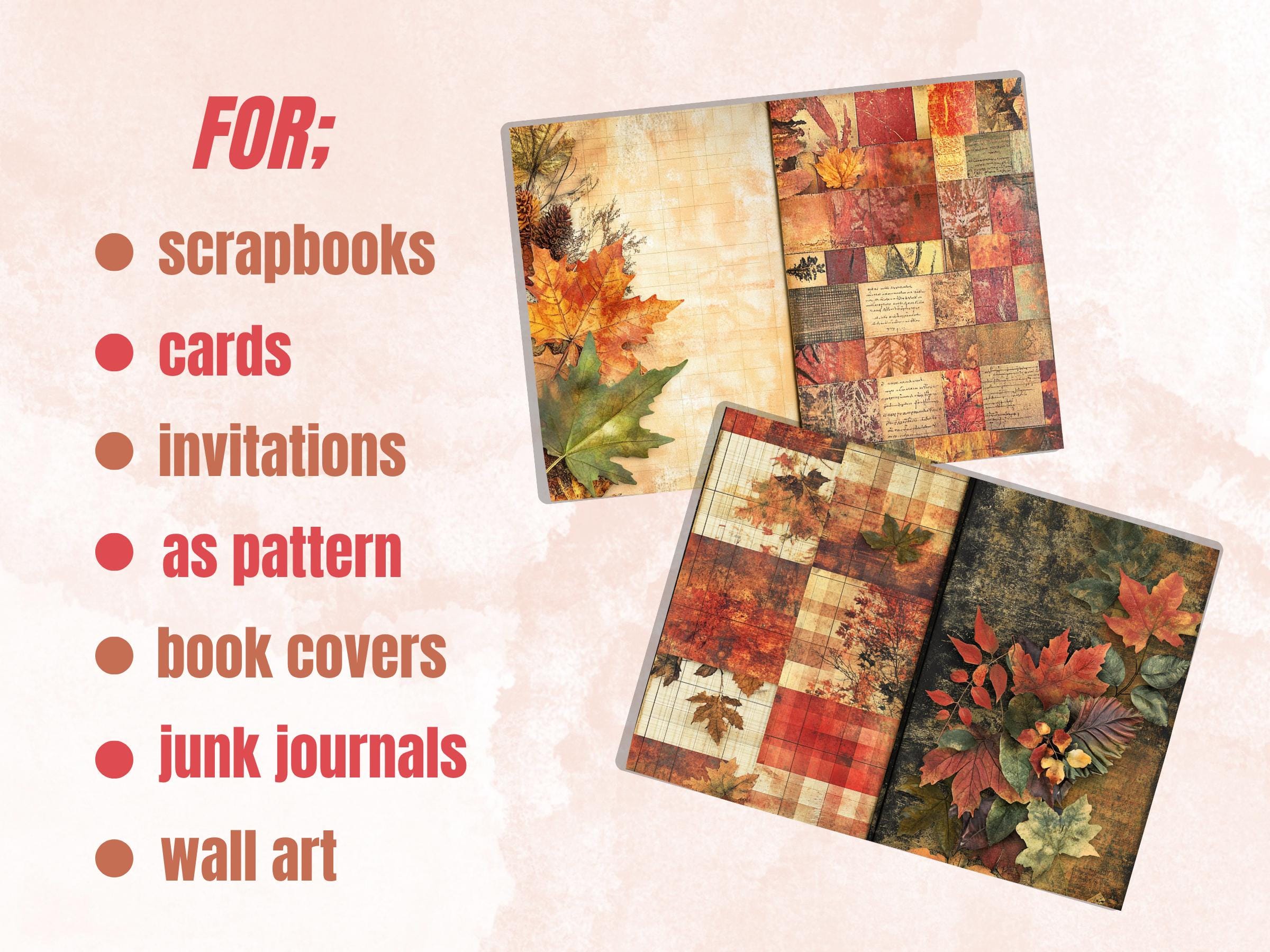 Fall Patchwork Mixed Media Paper, Autumn Forest Pages Ephemera Kit, Fall Textures Collage Scrapbook Paper, Printable Autumn Horizontal Pages