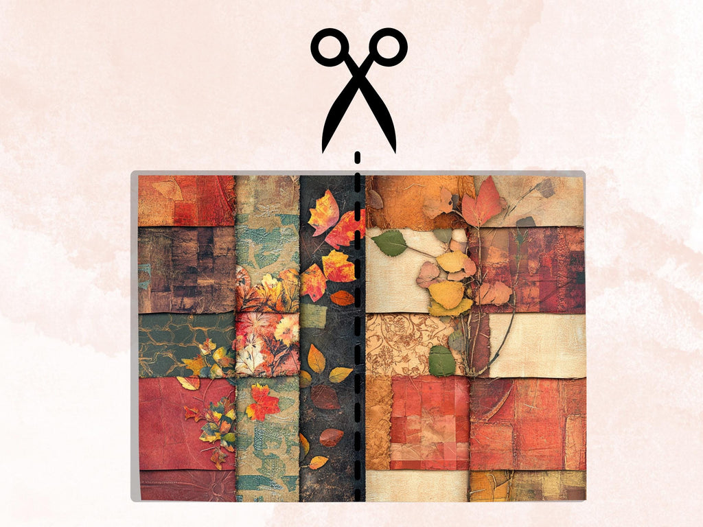 Fall Patchwork Mixed Media Paper, Autumn Forest Pages Ephemera Kit, Fall Textures Collage Scrapbook Paper, Printable Autumn Horizontal Pages