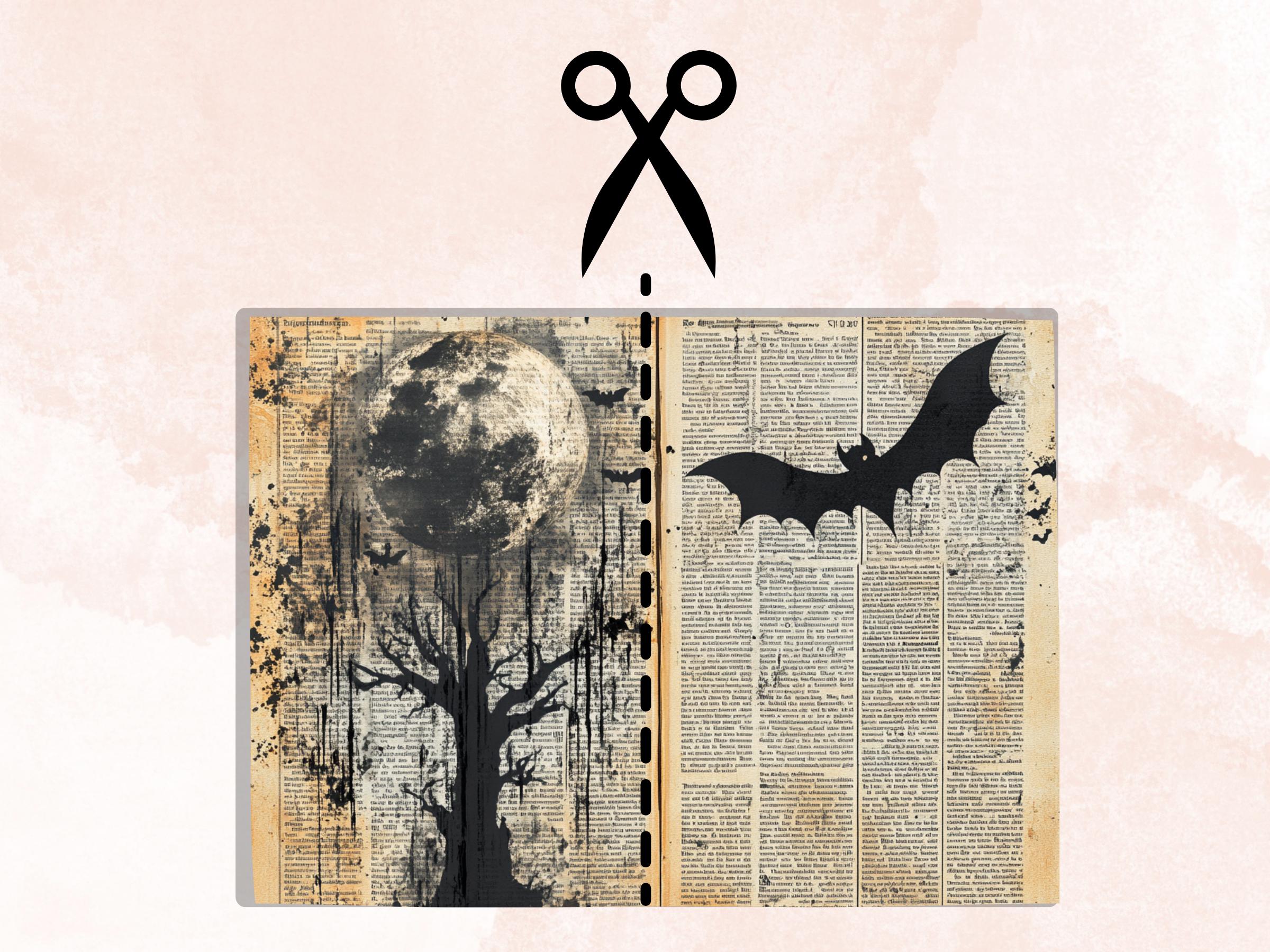 Halloween Newspaper Mixed Media Paper, Spooky Double Pages Ephemera Kit, Halloween Collage Scrapbook Paper, Printable Horizontal Pages