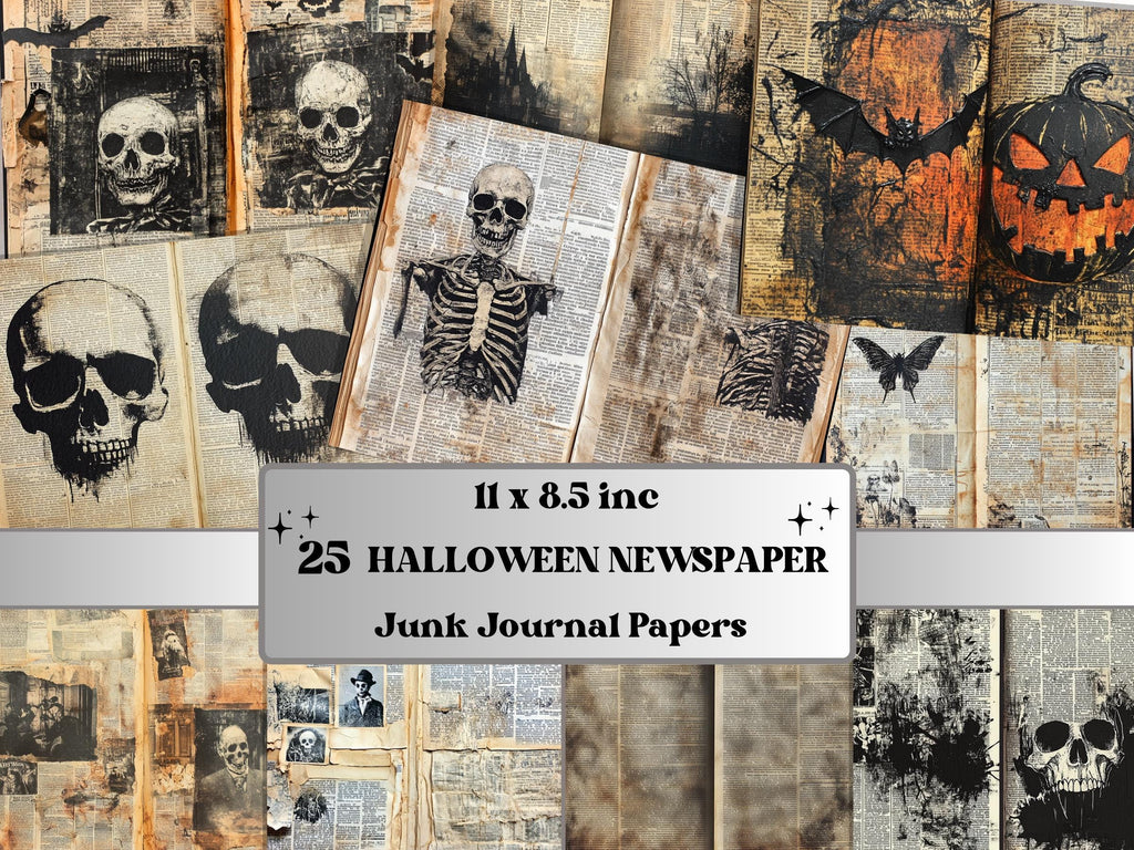 Halloween Newspaper Mixed Media Paper, Spooky Double Pages Ephemera Kit, Halloween Collage Scrapbook Paper, Printable Horizontal Pages