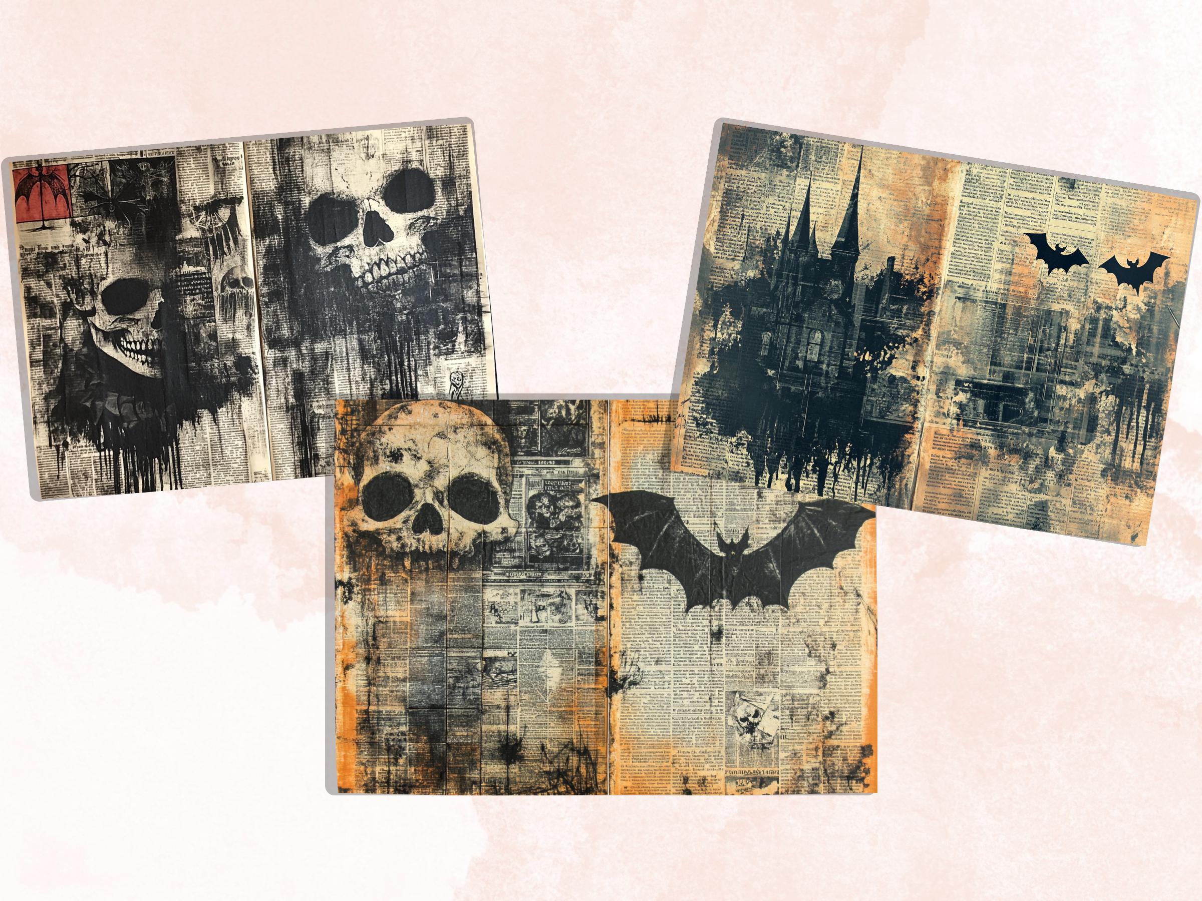 Halloween Newspaper Mixed Media Paper, Spooky Double Pages Ephemera Kit, Halloween Collage Scrapbook Paper, Printable Horizontal Pages