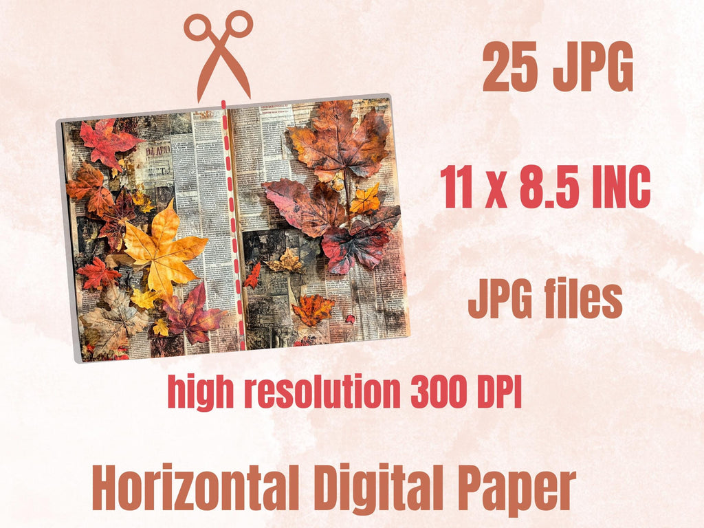 Fall Newspaper Mixed Media Paper, Autumn Forest Pages Ephemera Kit, Fall Textures Collage Scrapbook Paper, Printable Autumn Horizontal Pages